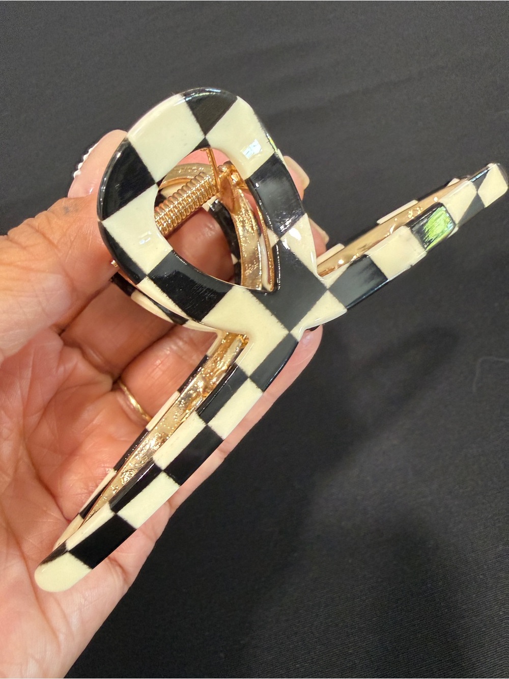 Black & White Checkerboard Large Hair Claw Clip Gold Tone